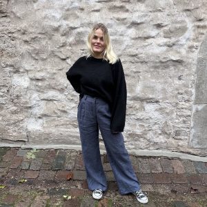 Linnebyxor med hög midja och vida ben – Denim blue